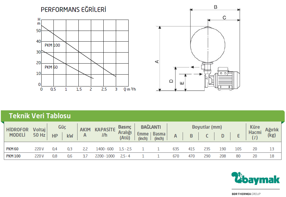 Baymak PKM 60 Hidrofor Teknik Veriler